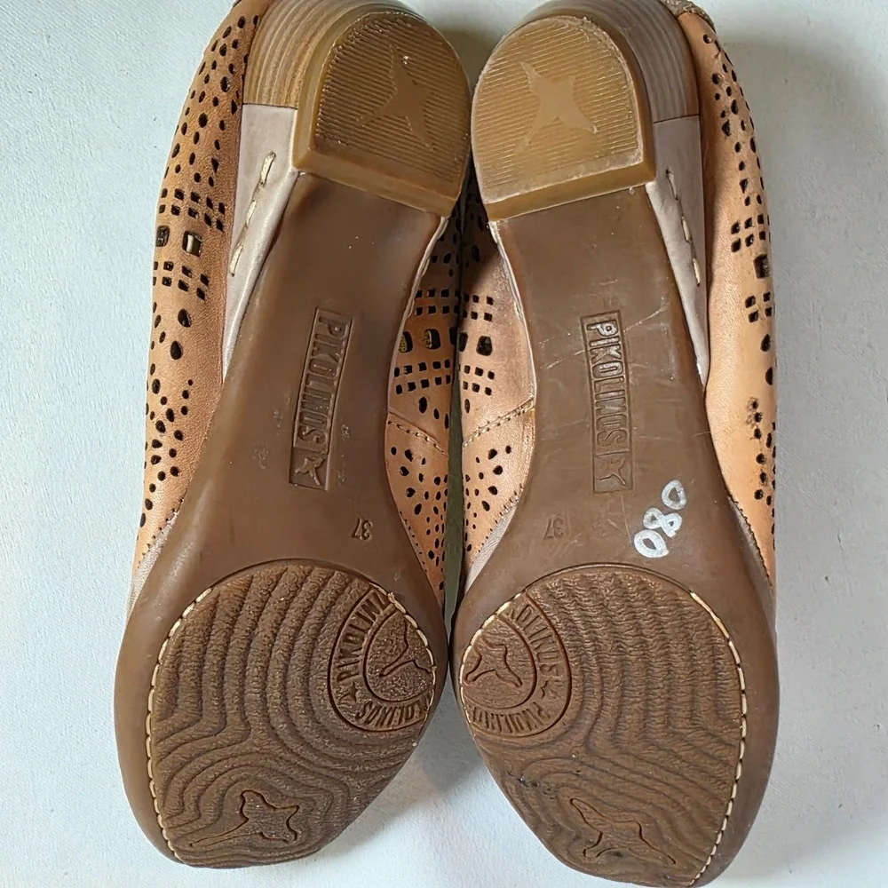 Pikolinos Tan Leather Pumps Womens 37 US 7 Laser Cut Square Toe Slip On Boho